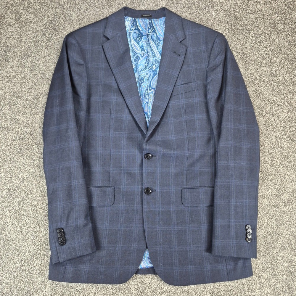 Joseph Abboud Blazer Mens 40L Navy Blue Windowpane Plaid 100% Wool Sport‎ Coat